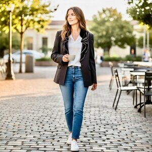 Chicos Brown Jacket Velvet Ruffle Lined Holiday Stretch size 3 extra large